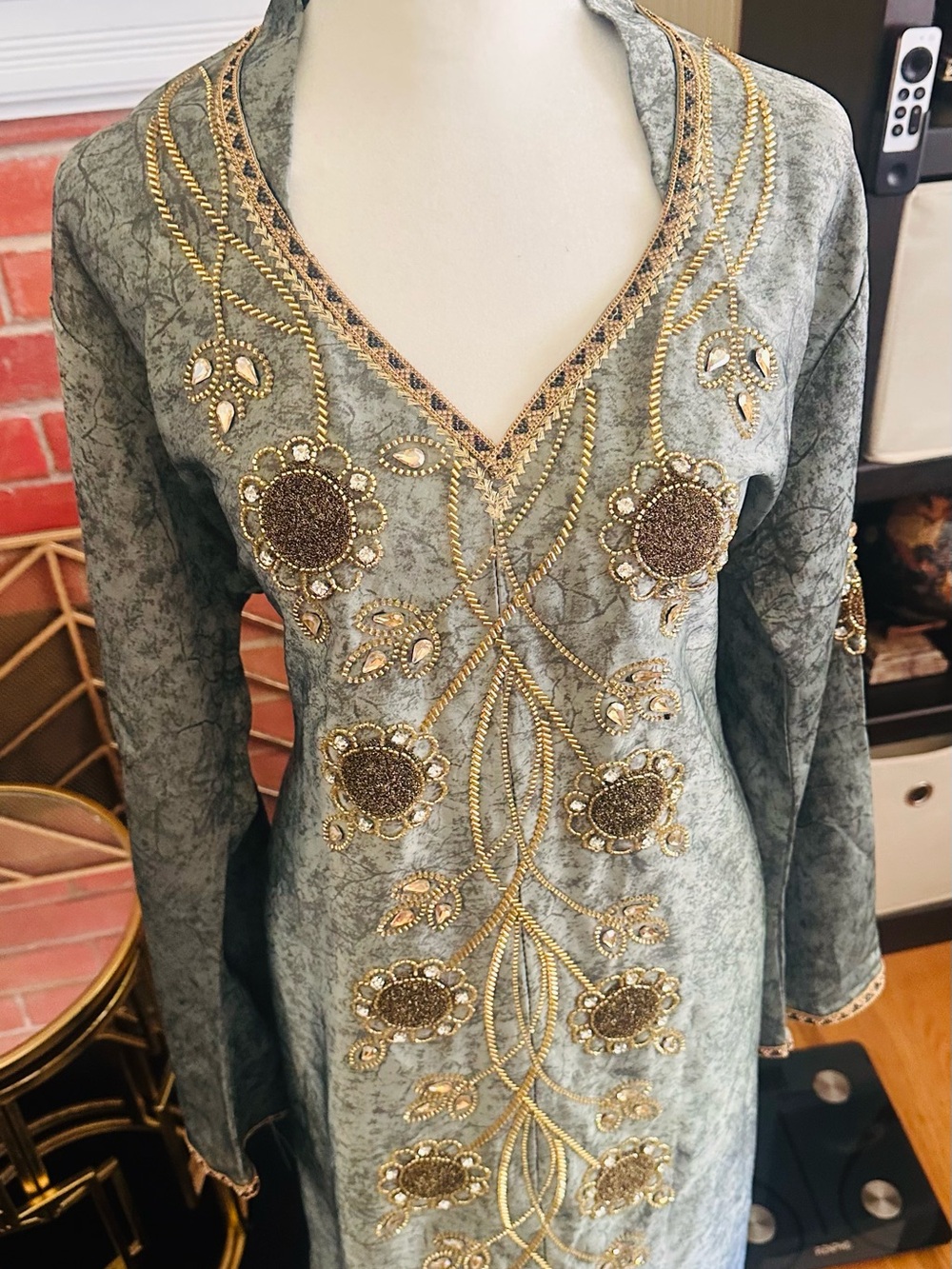 Embroidered V-Neck Long Sleeve Dress in Sage Green with Gold Accents